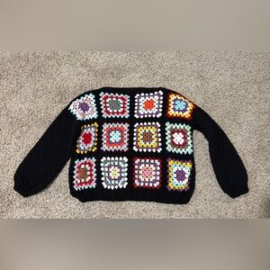 Black Crochet Granny-Square Crewneck Sweater